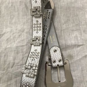 White Leather Belt With Crystals, Sz SM
